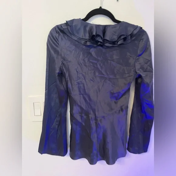 Christian Dior Blue Satin Evening blouse with Pleated Collar Sz XS - Picture 10 of 10